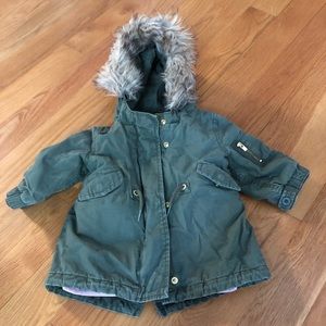 Military style jacket with removable fleece lining and faux fur on hoody